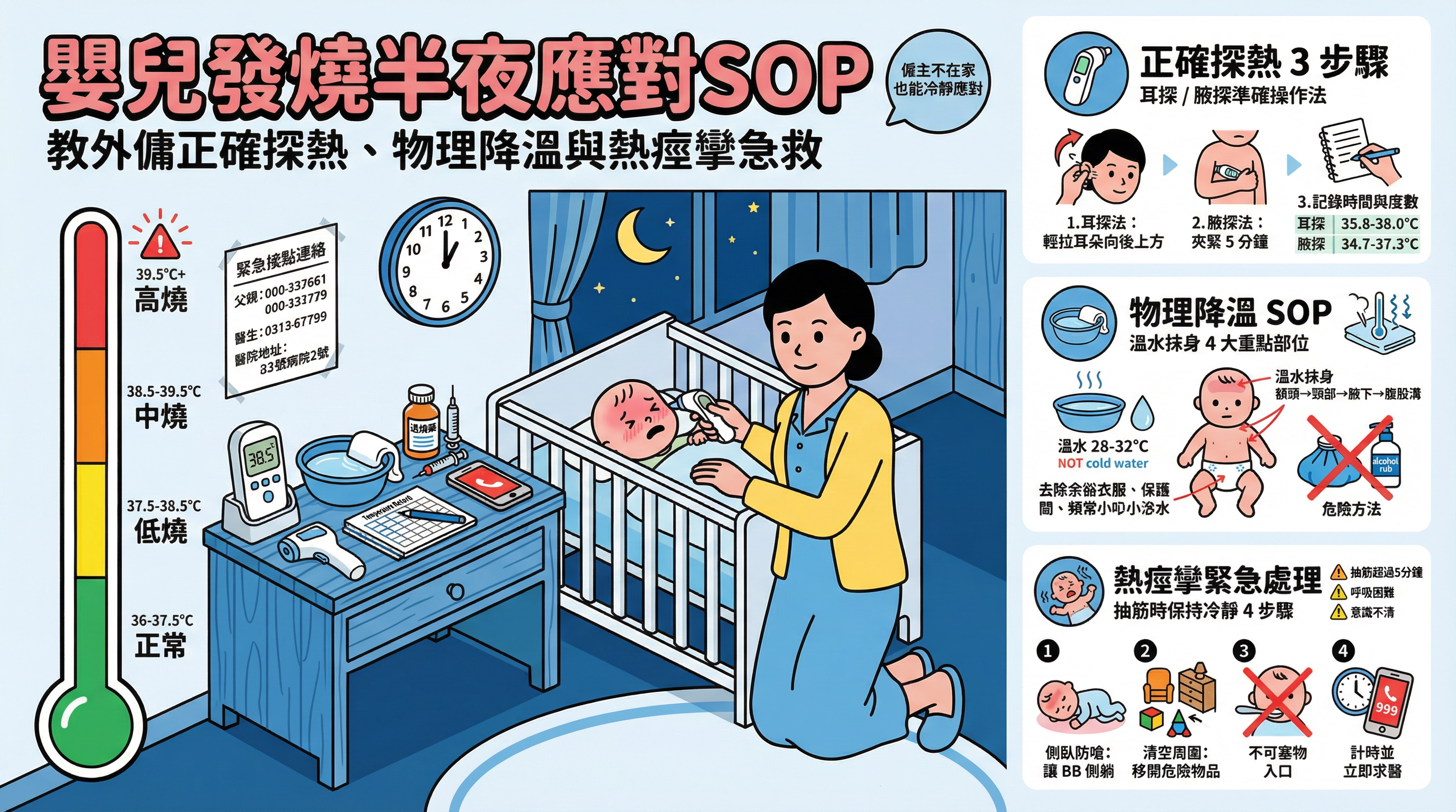 嬰兒發燒半夜應對 SOP：教外傭正確探熱、物理降溫與熱痙攣急救