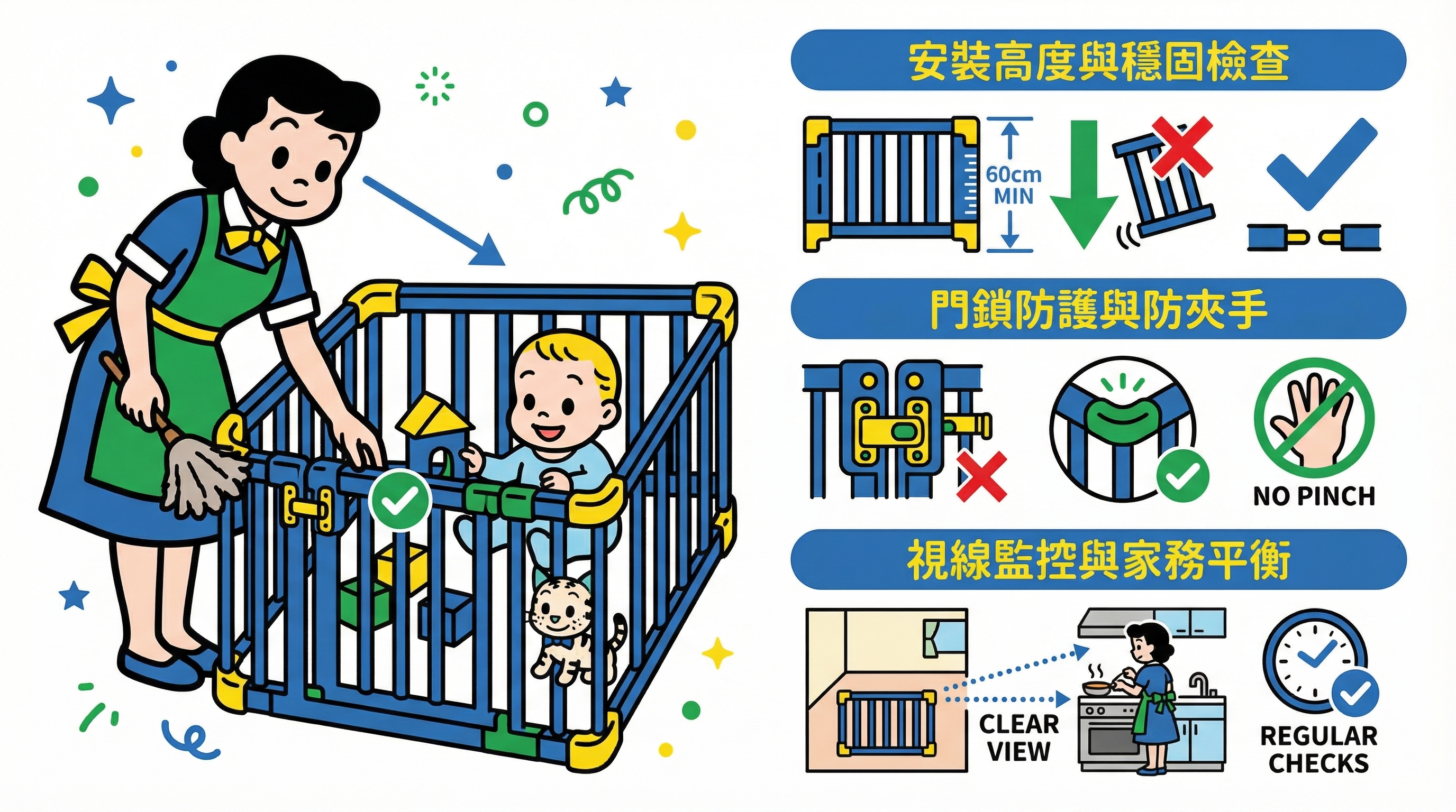 嬰兒圍欄安全玩樂區：教外傭安裝高度、門鎖防護與視線監控 SOP