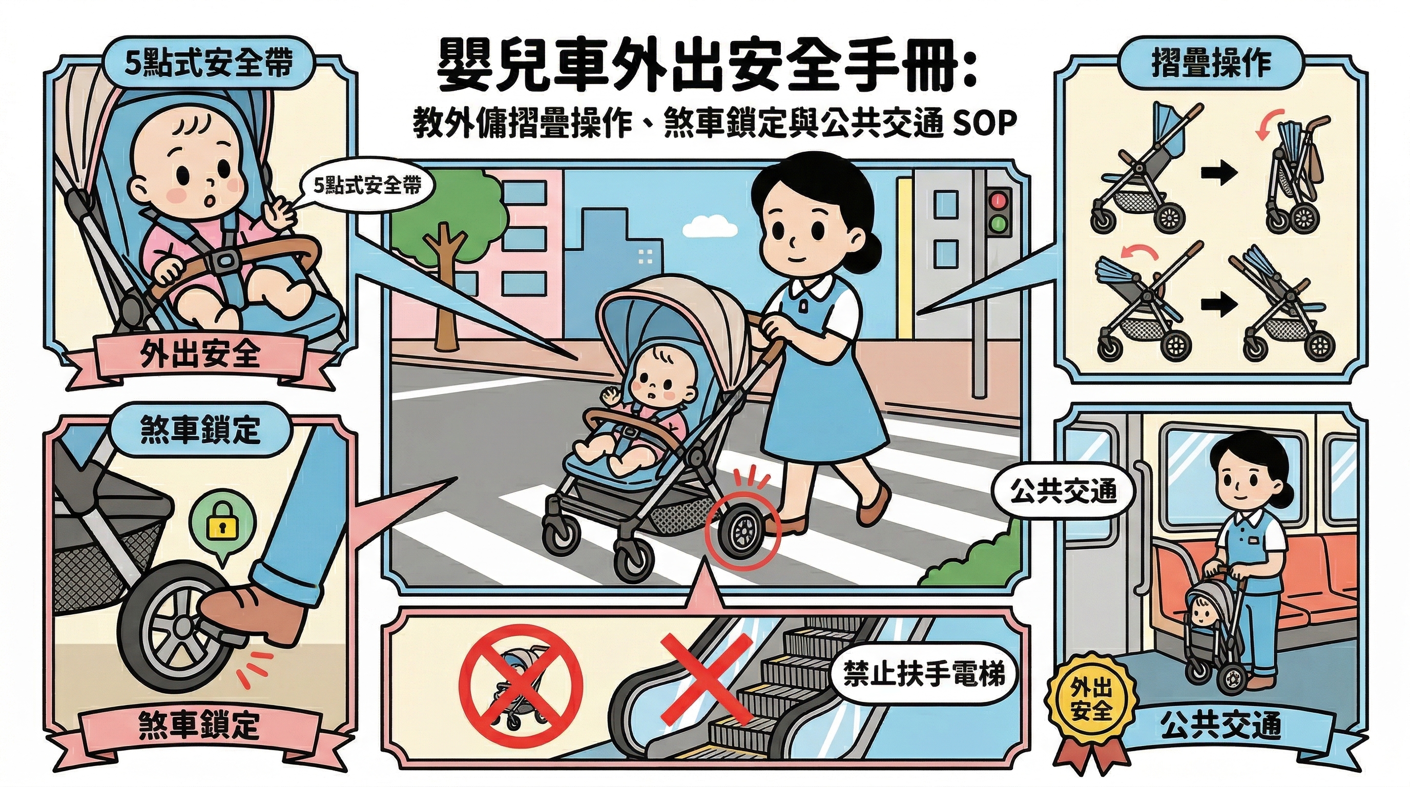 嬰兒車外出安全手冊：教外傭摺疊操作、煞車鎖定與公共交通 SOP