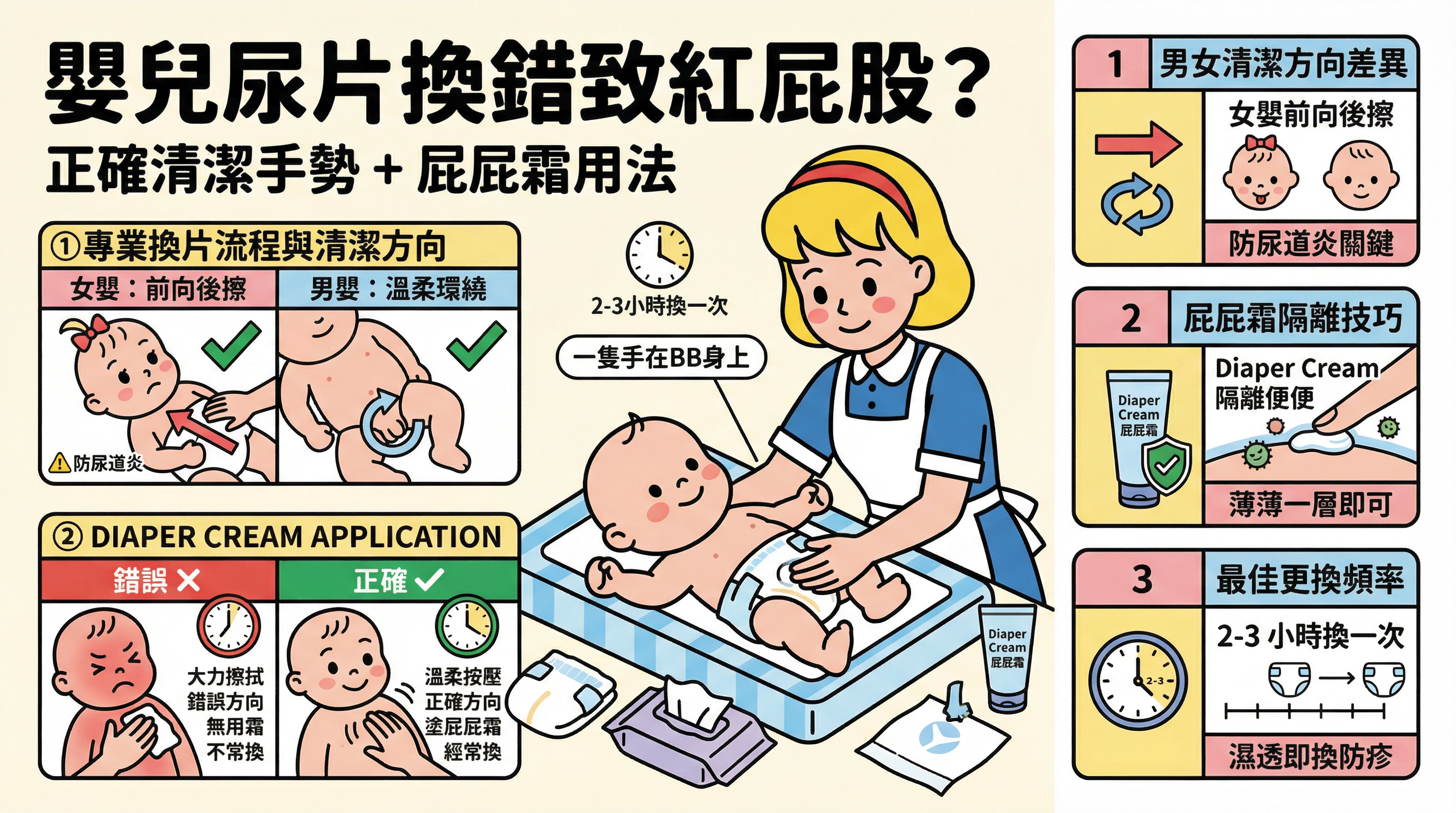 嬰兒尿片換錯致紅屁股？教外傭正確清潔手勢、屁屁霜用法與防疹 SOP
