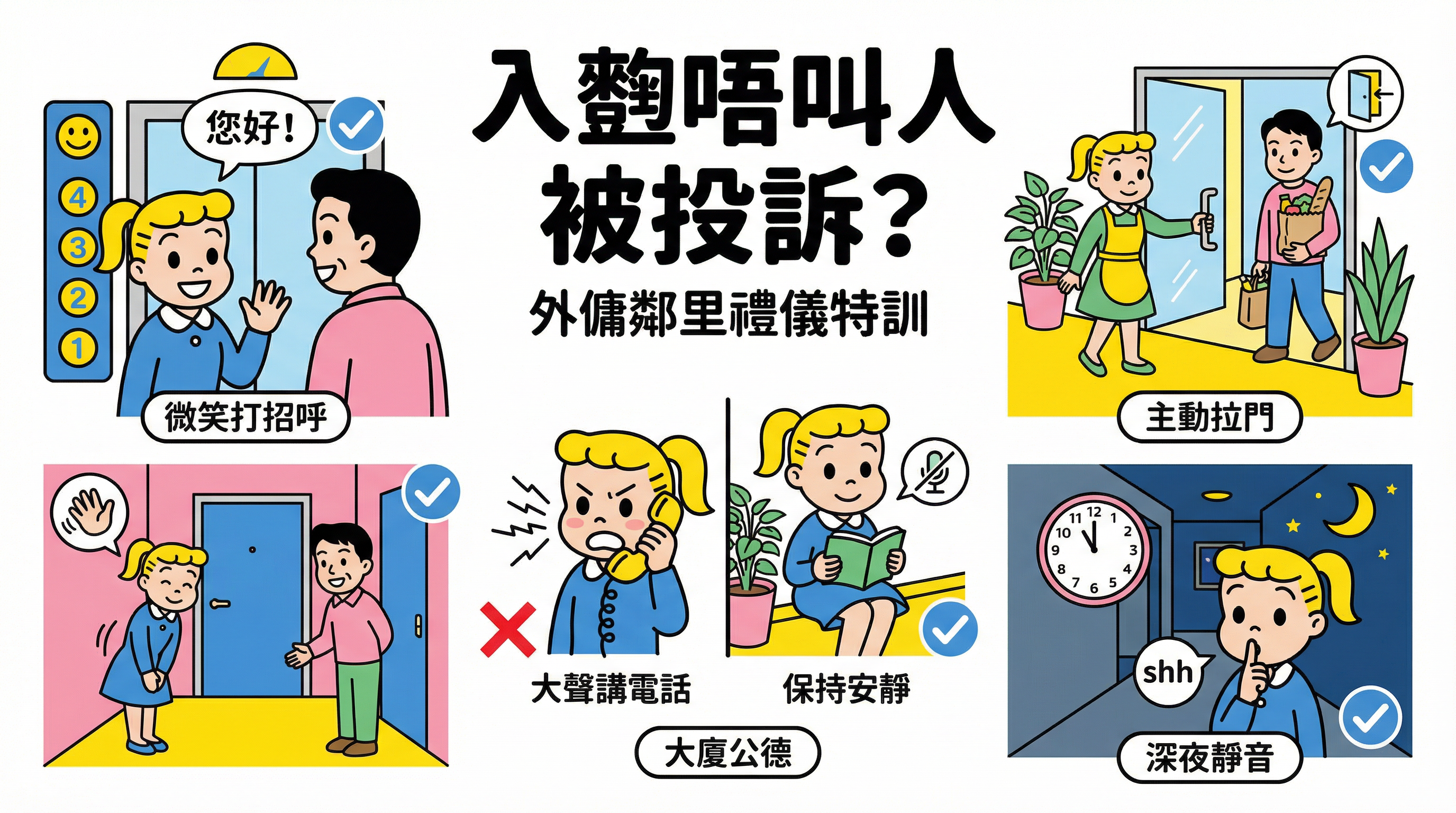 入𨋢唔叫人被投訴？教好 外傭鄰里禮儀：微笑打招呼、拉門與大廈公德