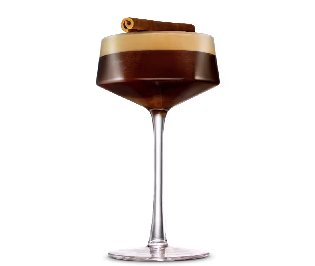 A Pumpkin Spice Espresso Martini Cocktail with a cinnamon stick garnish