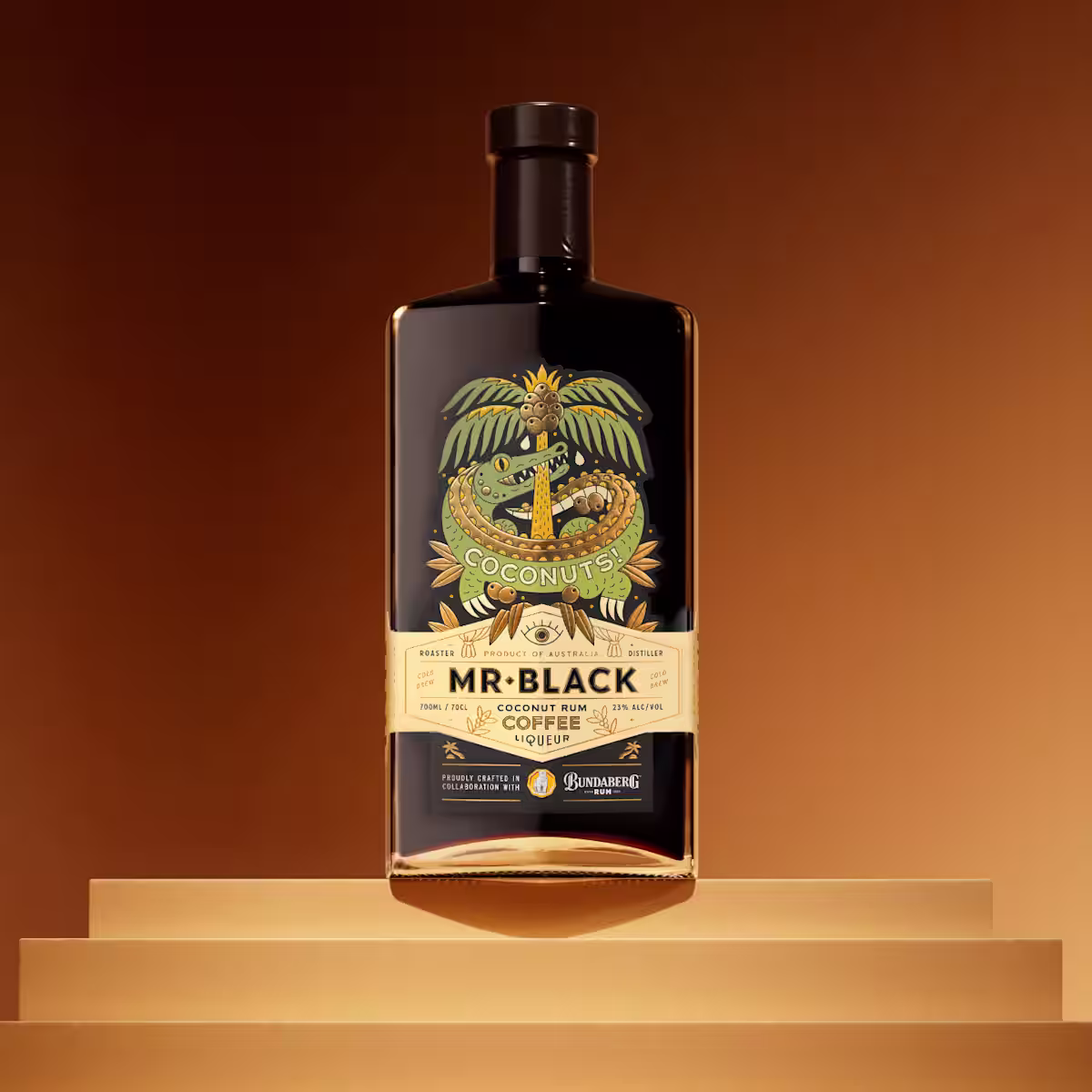 A bottle of Mr Black Coconuts Rum and Coffee Liqueur in collaboration with Bundaberg Rum