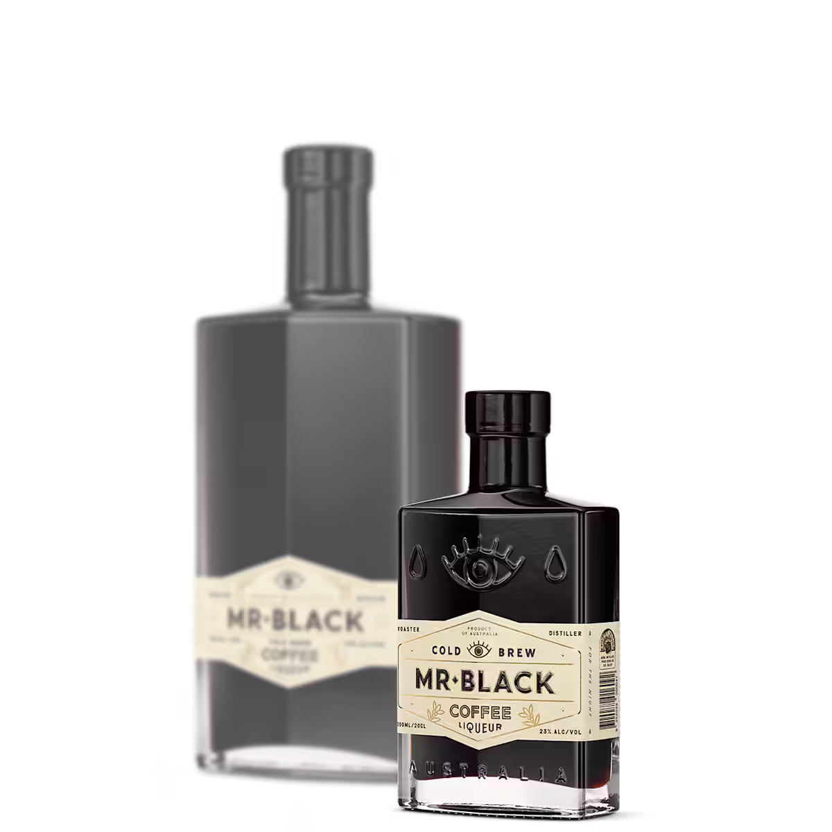 Mr Black 200ml bottle in front of a Mr Black 1 liter bottle.