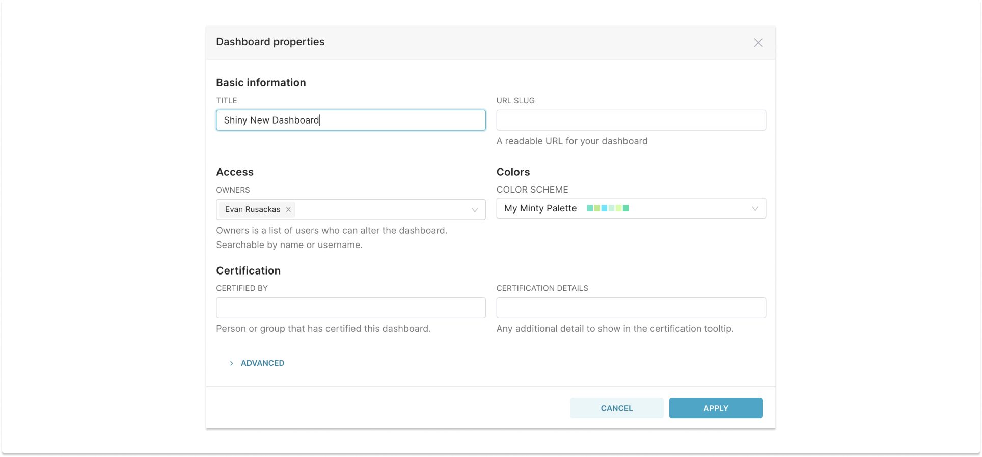 Dashboard properties with palette added