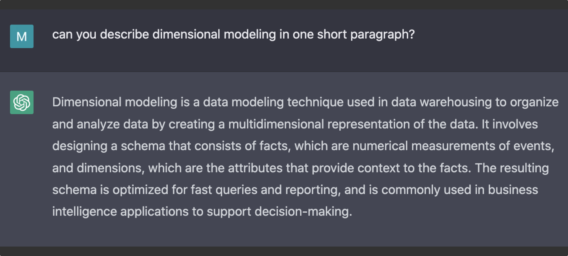 ChatGPT definition of dimensional modeling