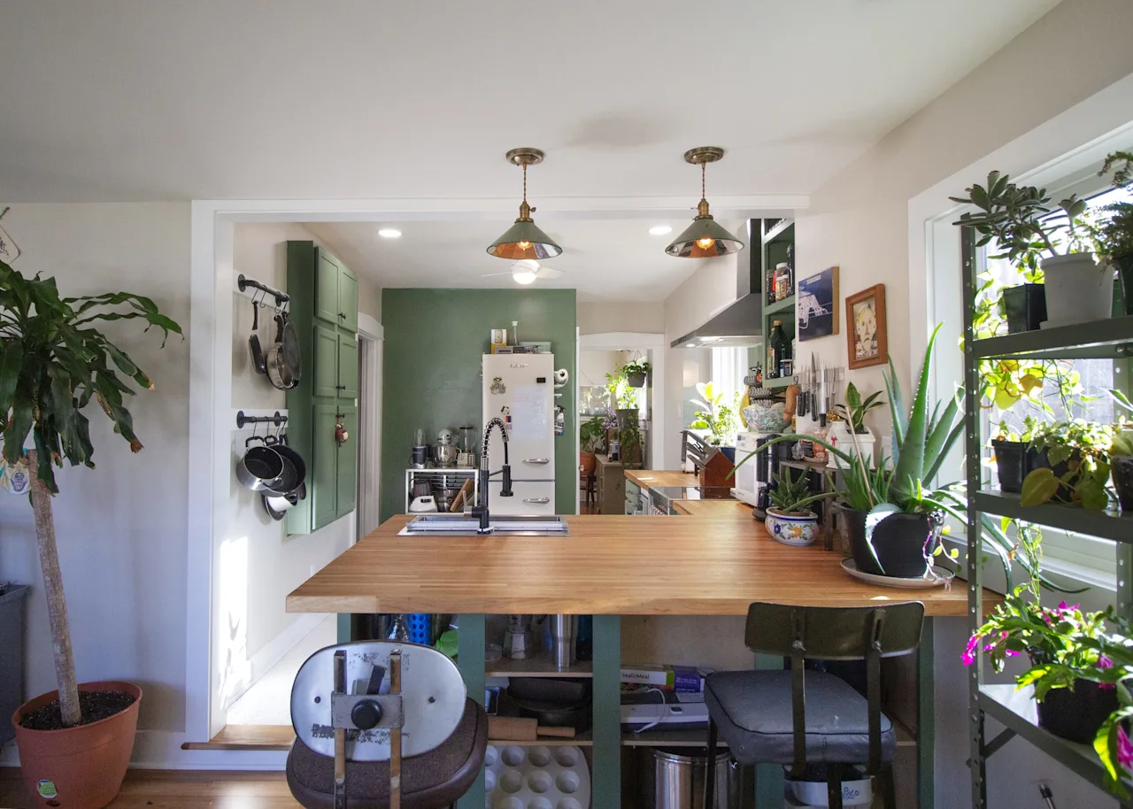 Kitchen with a butcher-block peninsula, industrial pendant lights, potted plants, and open metal shelving.