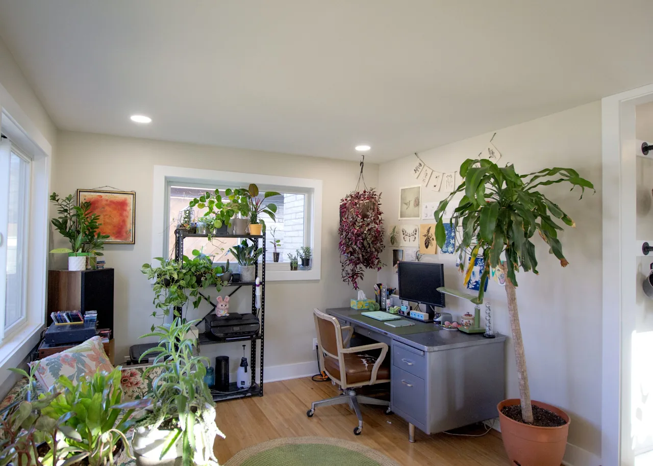 Home-office nook with a metal desk, plants on shelving, and hardwood floors beside sunny windows.