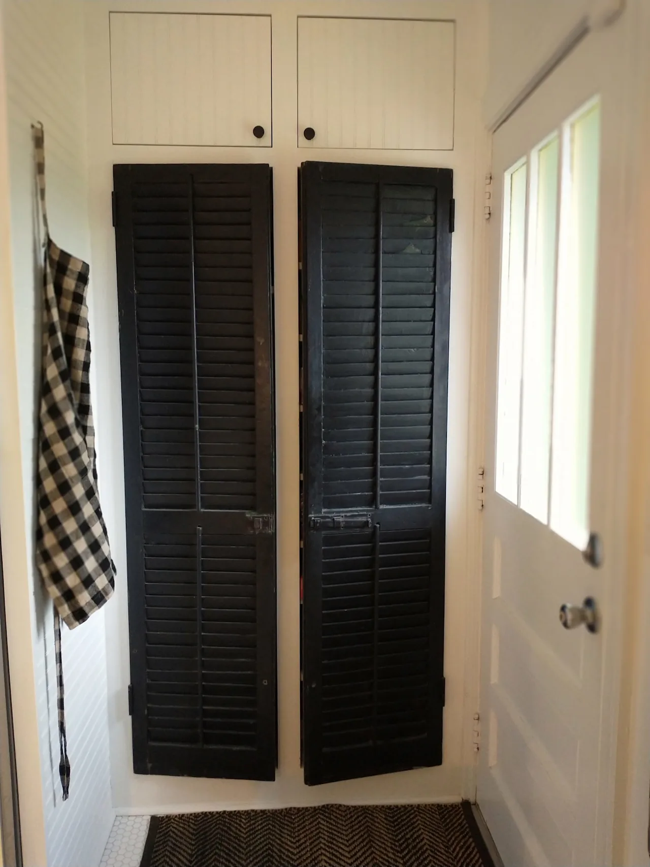 Entry with a tall white cabinet, reclaimed black louvered-shutter doors, and a glass-paned exterior door.