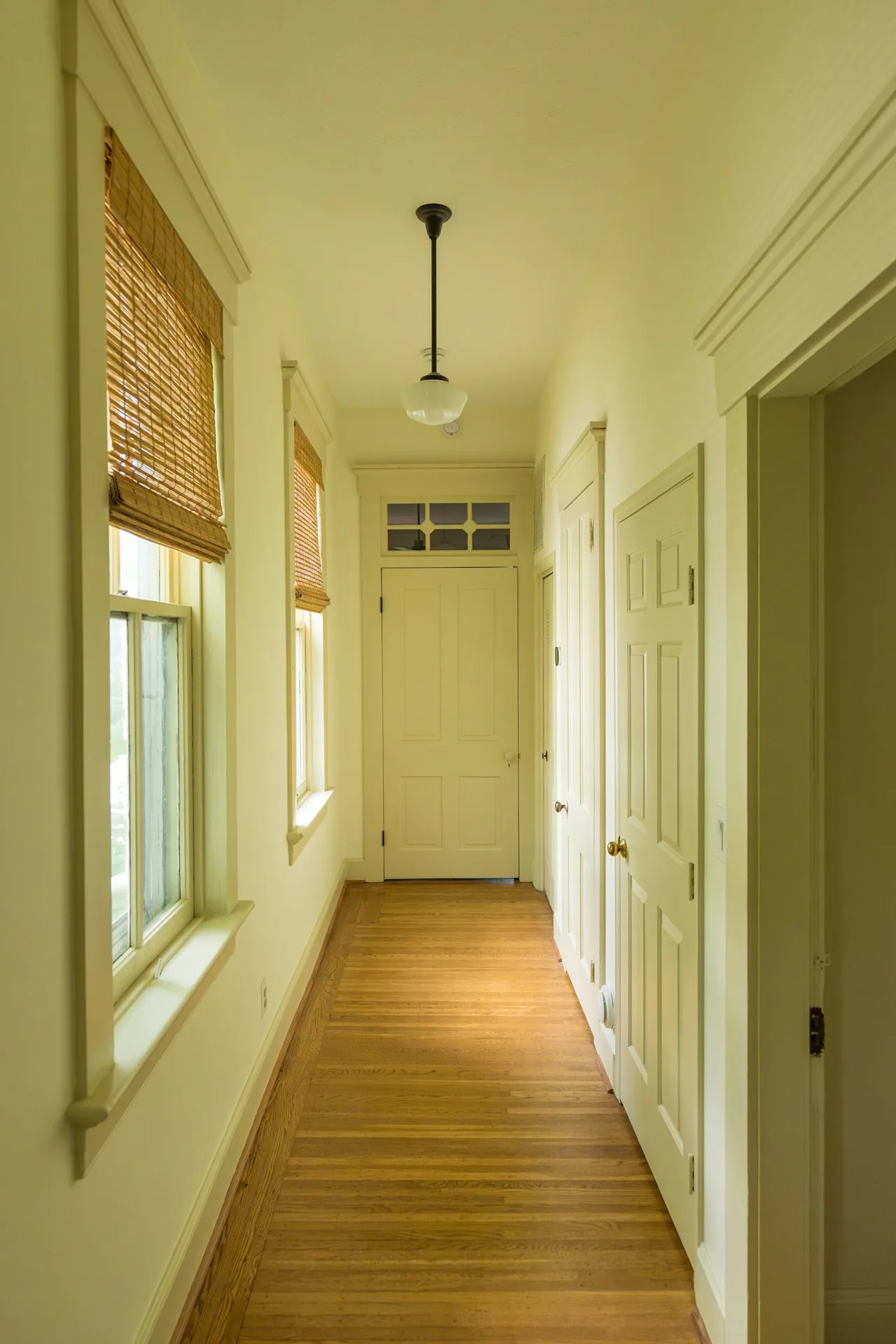 Sunlit hallway with woven blinds, hardwood floors, and a paneled door beneath a transom window.
