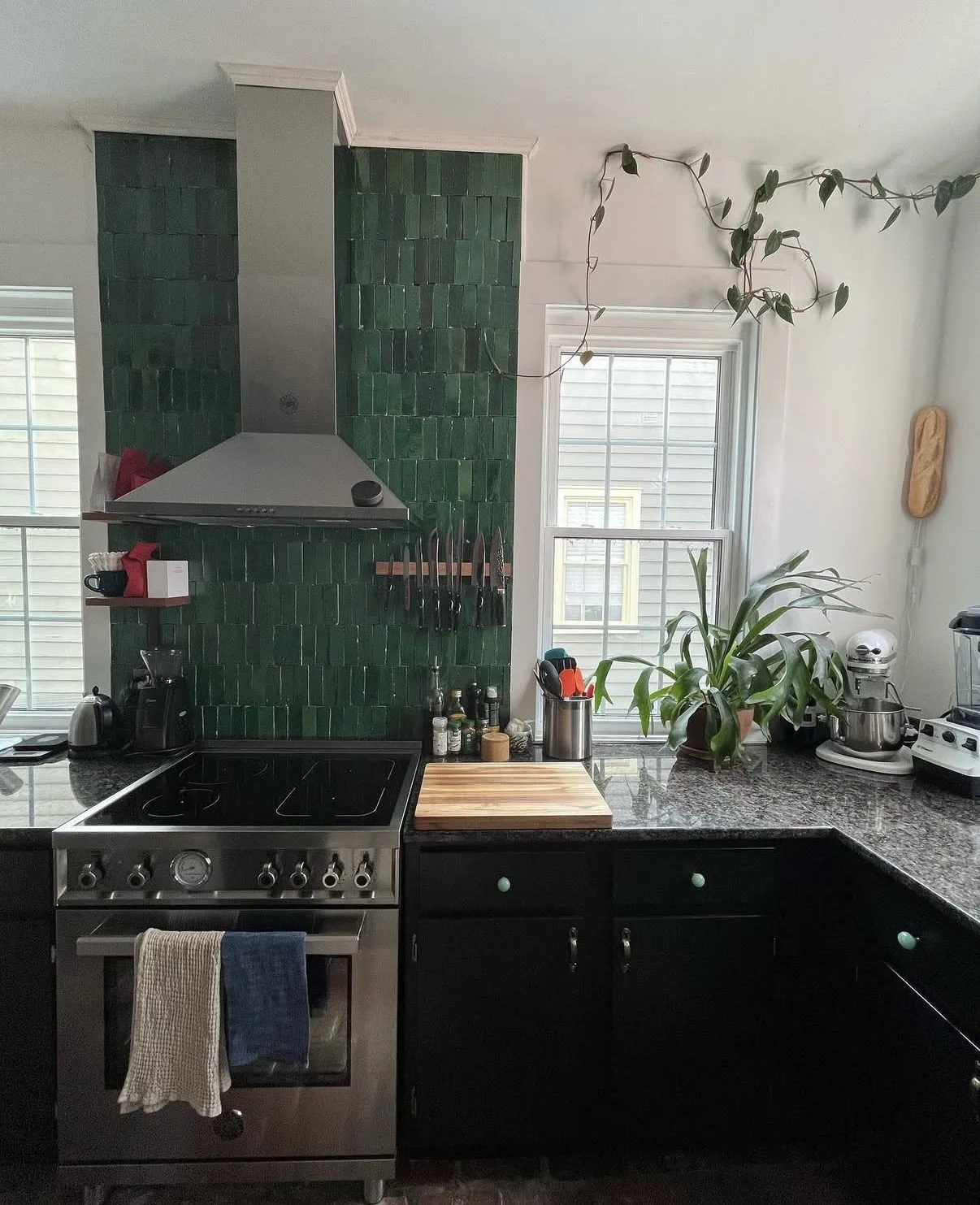 Kitchen with a green vertical-tile backsplash and range hood, black cabinetry, granite counters, and trailing plants by the windows.