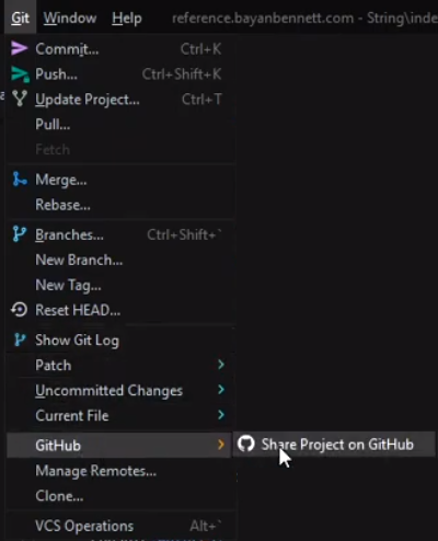 Share to GitHub menu in WebStorm
