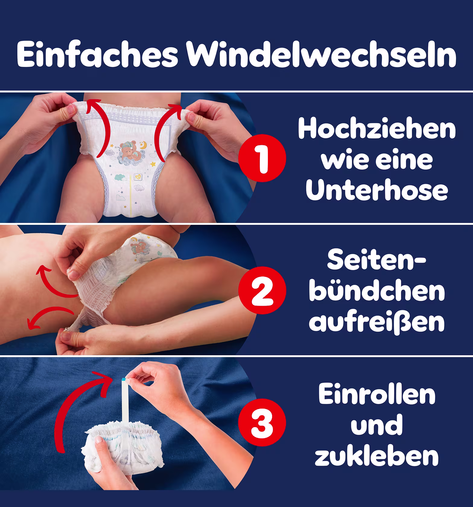 Das Bild zeigt das einfache An- und Ausziehen der Night Pants sowie die einfache Entsorgung. Das Bild zeigt das einfache An- und Ausziehen der Night Pants sowie die einfache Entsorgung.