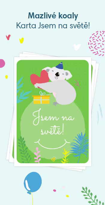 Tištěné karty na oslavu narození miminka. Zdobí je veselé motivy, včetně přítulné koaly a nápisu: Jsem na světě!