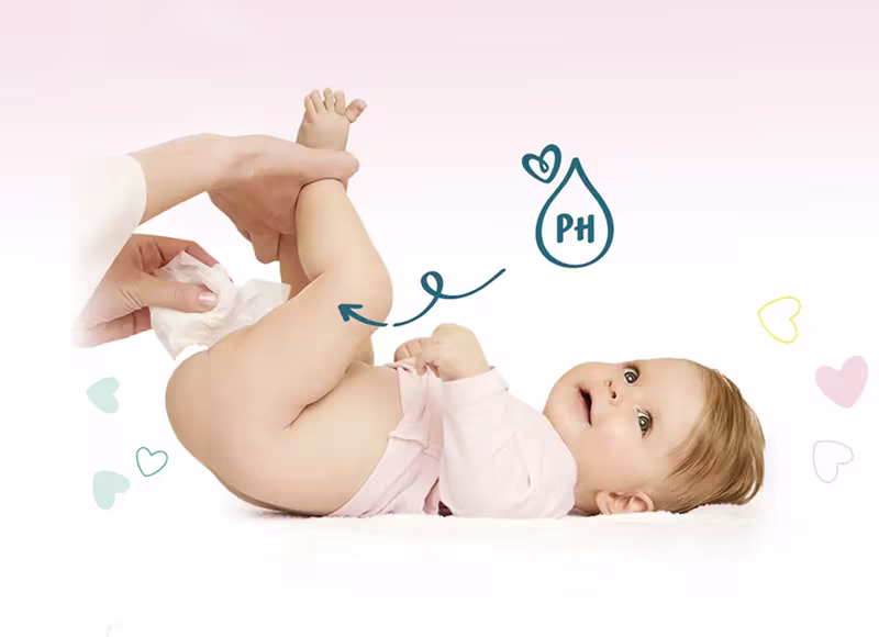 En baby ligger på rygg medan en person torkar babyns bak med en våtservett. En baby ligger på rygg medan en person torkar babyns bak med en våtservett.