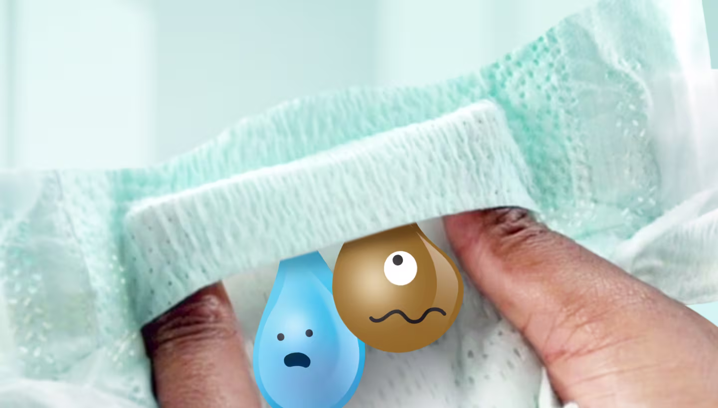 A close-up shot shows two hands gently pulling apart a Pampers nappy pant, revealing Stop & Protect pocket