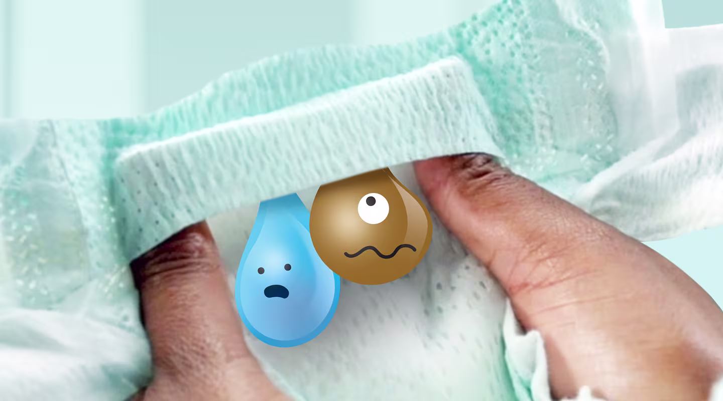 A close-up shot shows two hands gently pulling apart a Pampers nappy, revealing Stop & Protect pocket