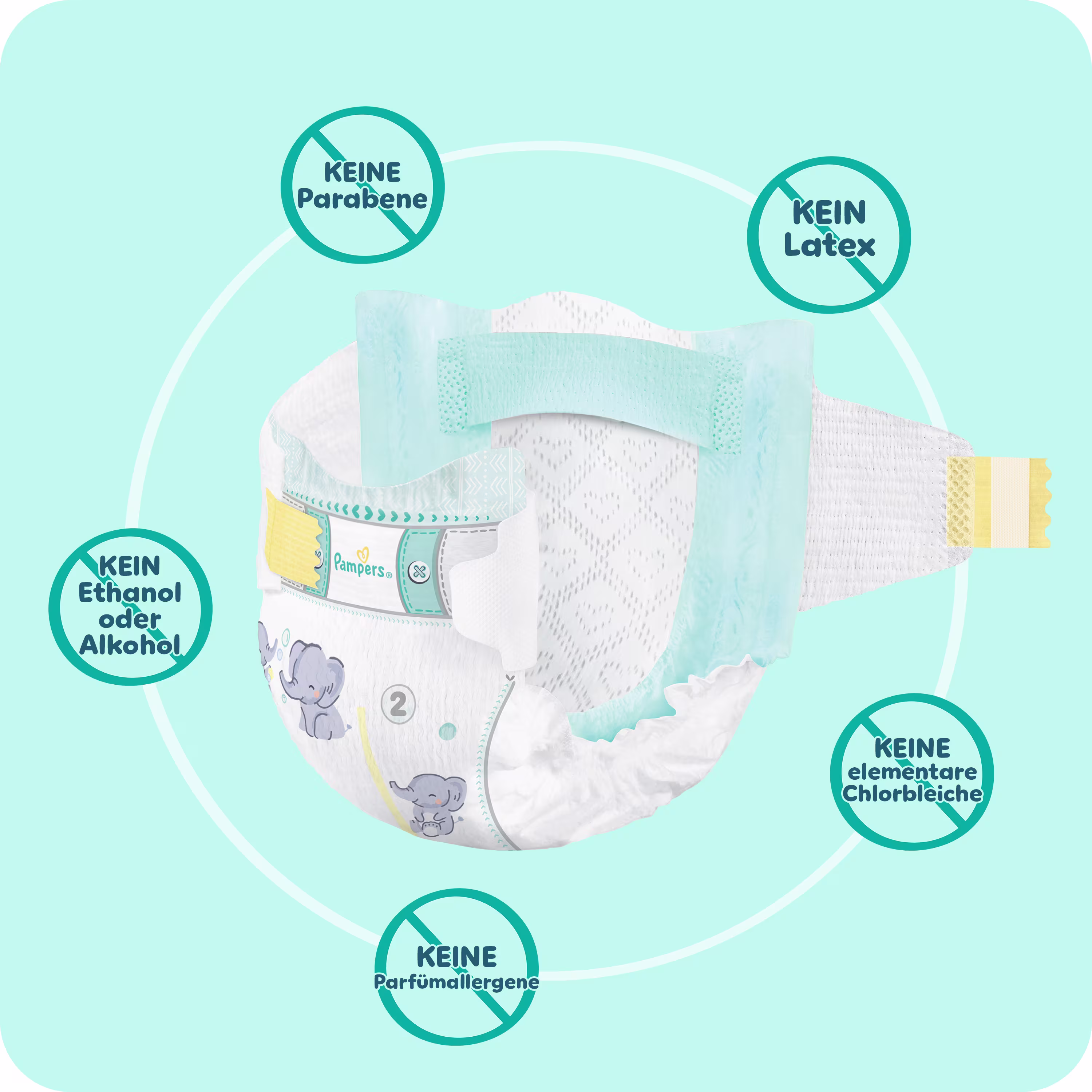 3D Pampers Taped Windel vor einem hellblauen Hintergrund, umgeben von durchgestrichenen Zutaten-Icons, die anzeigen, was die Windel nicht enthält.
