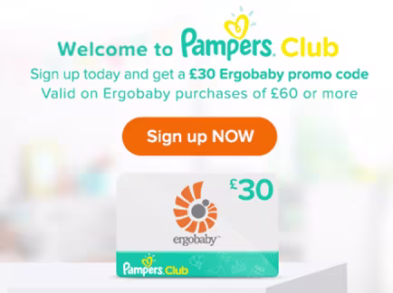  Pampers Club sign-up offer featuring a £30 Ergobaby promo code for new members.