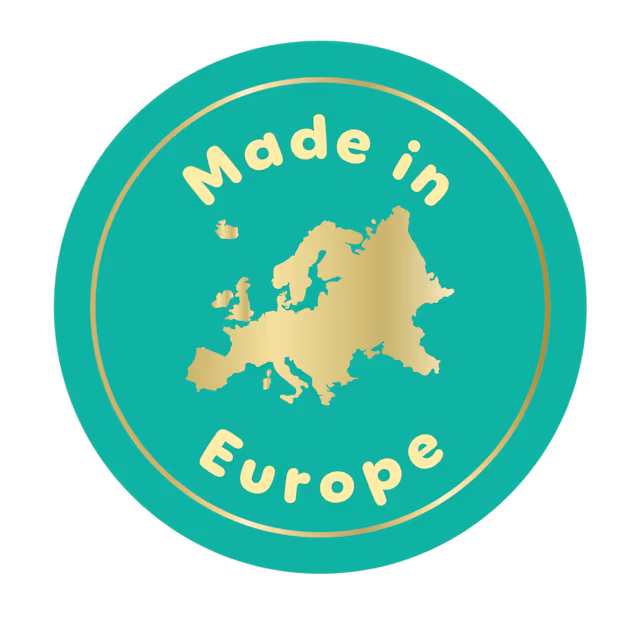 Dark teal blue icon with ‘Made in Europe’ written on it in golden color