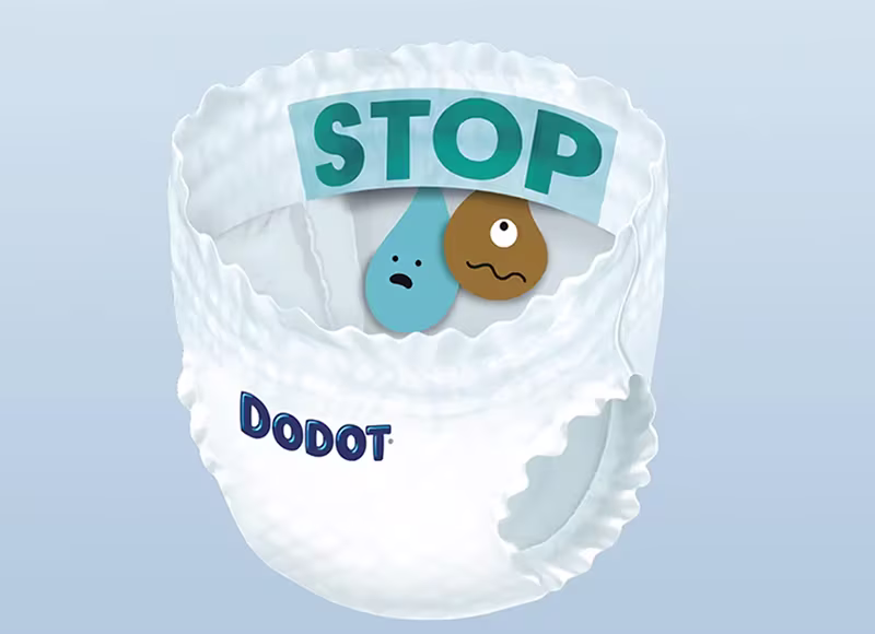 Um design mostra uma fralda-cueca Dodot, revelando a Barreira STOP Fugas. Um design mostra uma fralda-cueca Dodot, revelando a Barreira STOP Fugas.