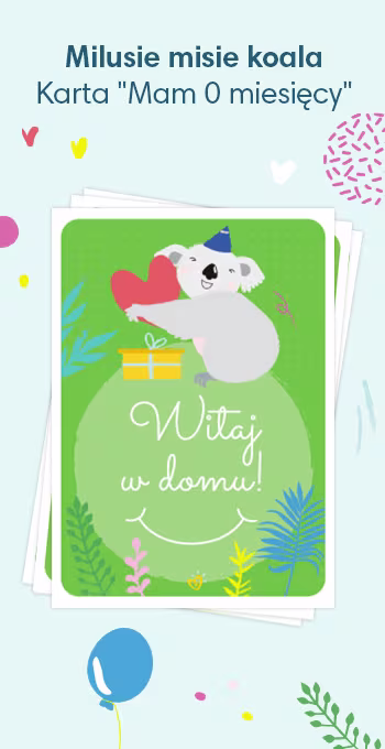 Kartki do druku z okazji narodzin dziecka, ozdobione radosnymi motywami, w tym misiami koala i okolicznościowym napisem: Witaj w domu!