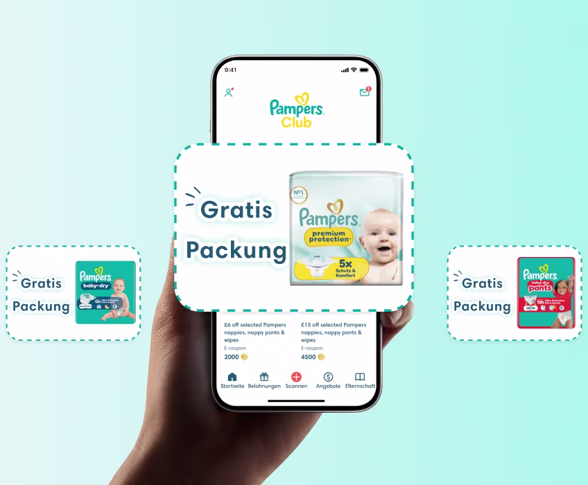 Hand, die ein Telefon hält, auf dem der Startbildschirm der Pampers Club App angezeigt wird