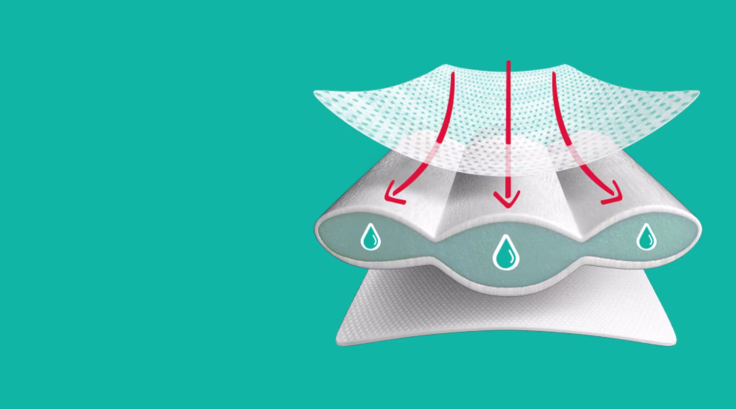 An illustration of a nappy cutaway showing three layers of its super absorbent core