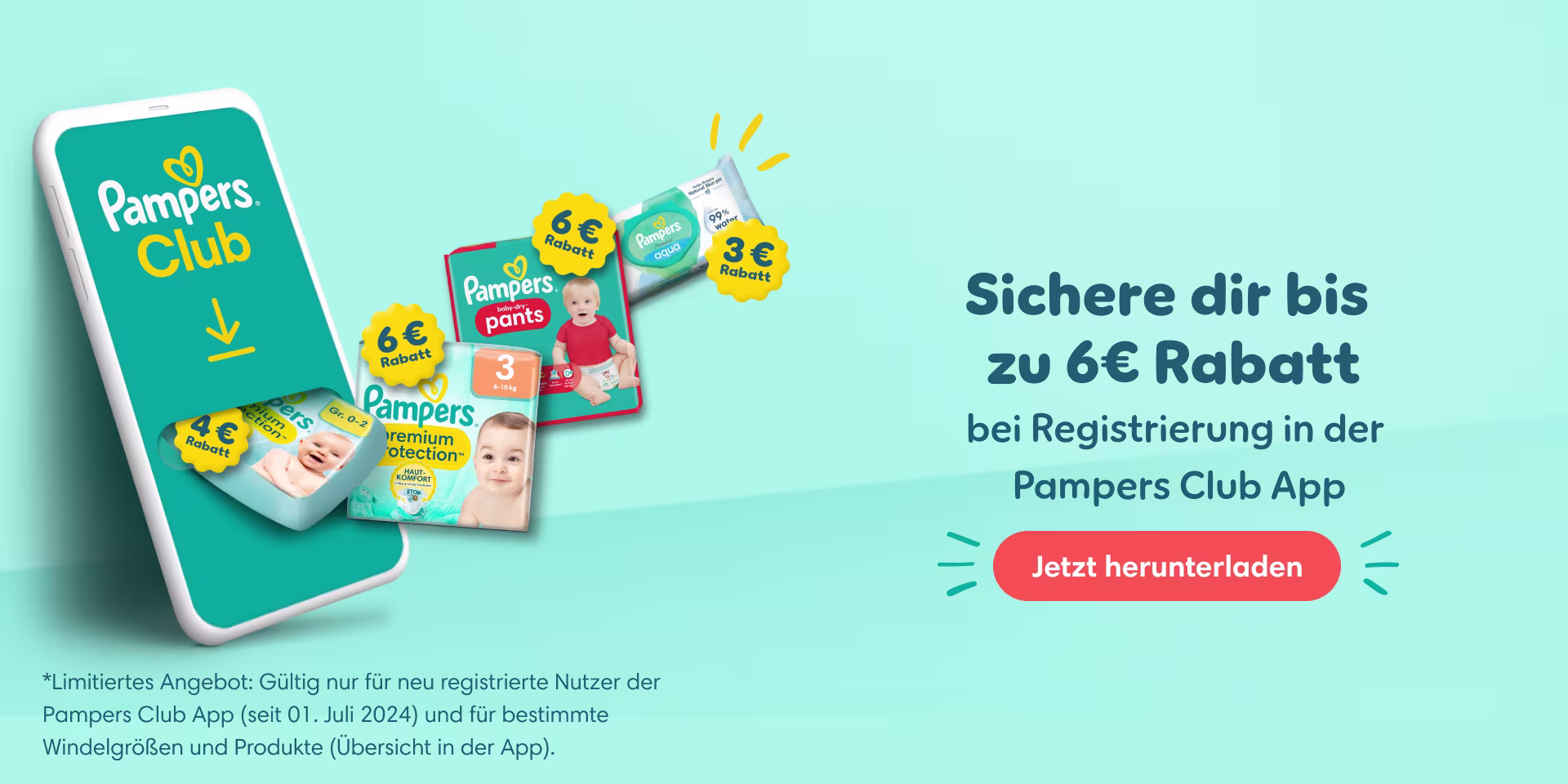 Sichere dir bis zu 6€ Rabatt bei Registrierung in der Pampers Club App