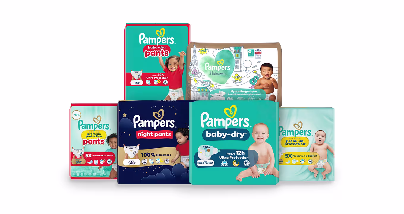 Gamme complète de couches Pampers : Baby-Dry, Harmonie, Premium Protection, Night Pants