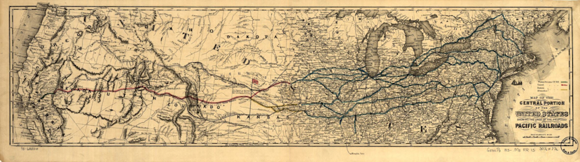 1850s Map of the central portion of the United States showing the lines of the proposed Pacific railroads