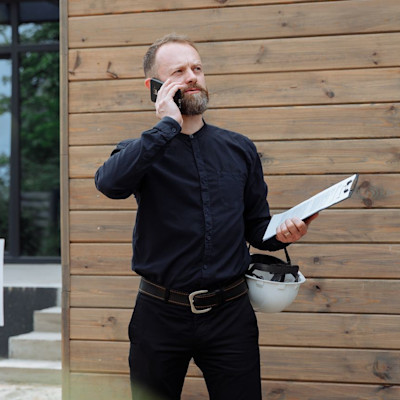 Agent nieruchomości rozmawiający przez telefon przed domem na sprzedaż