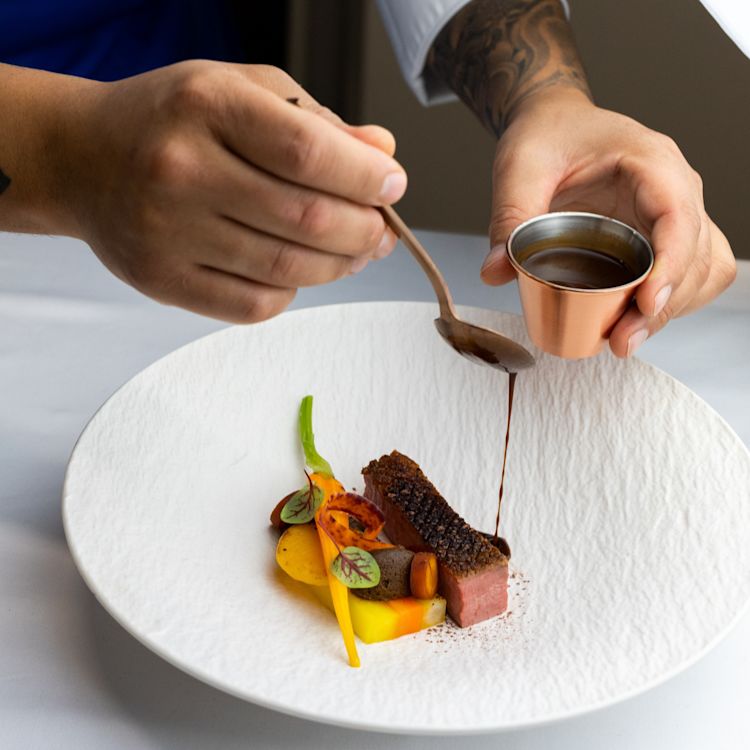 DeZaan Image Of Crispy Duck With Rose Blush Pumpkin Fudge