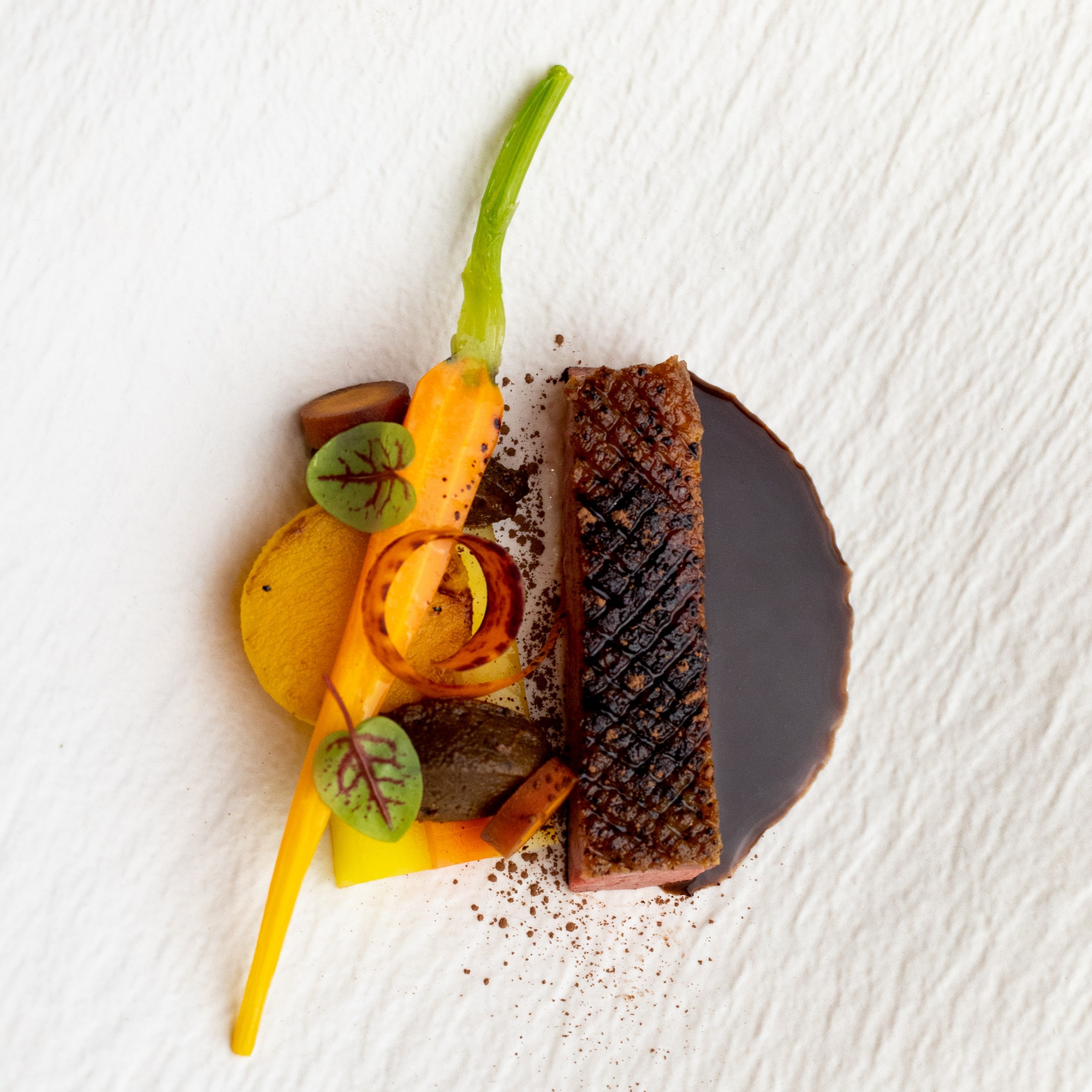 DeZaan Hero Image Of Crispy Duck With Rose Blush Pumpkin Fudge