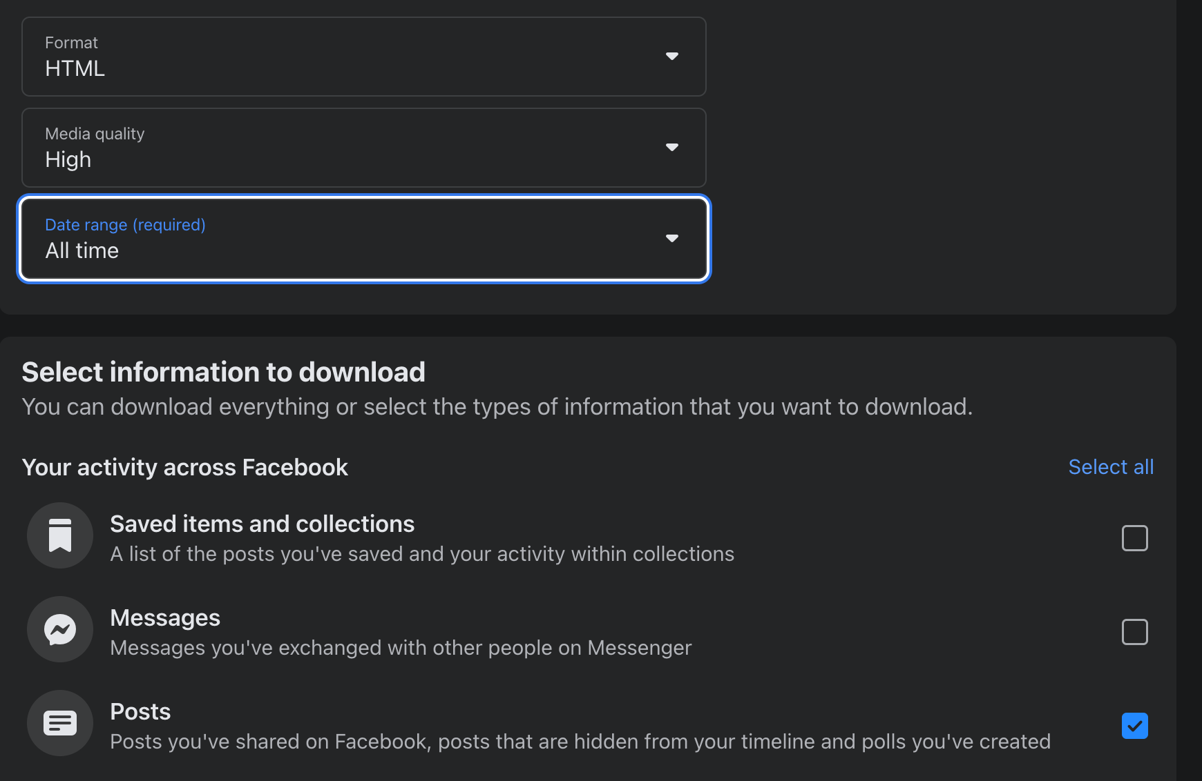 Facebook 'Download your information' settings page.