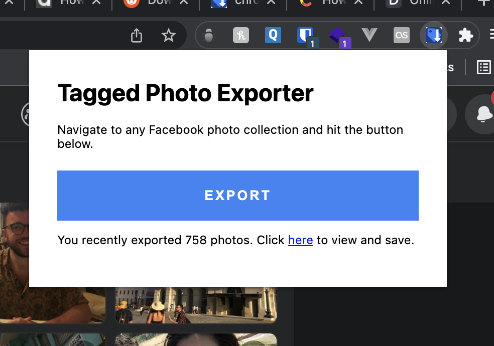 Screenshot of the 'Tagged Photo Exporter for Facebook' browser extension panel.