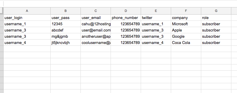 Example of a CSV file of users