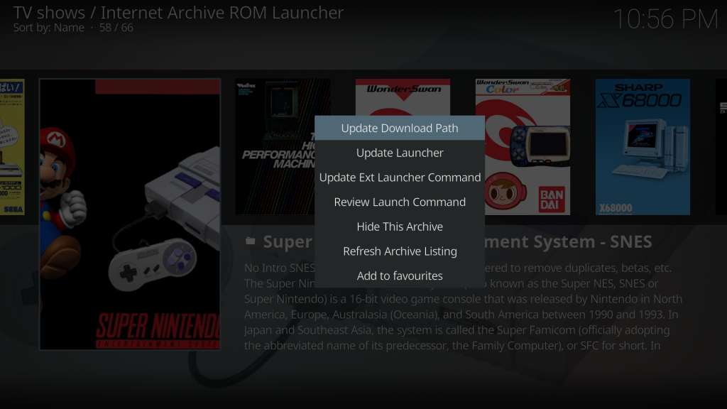 Internet Archive ROM Launcher console settings
