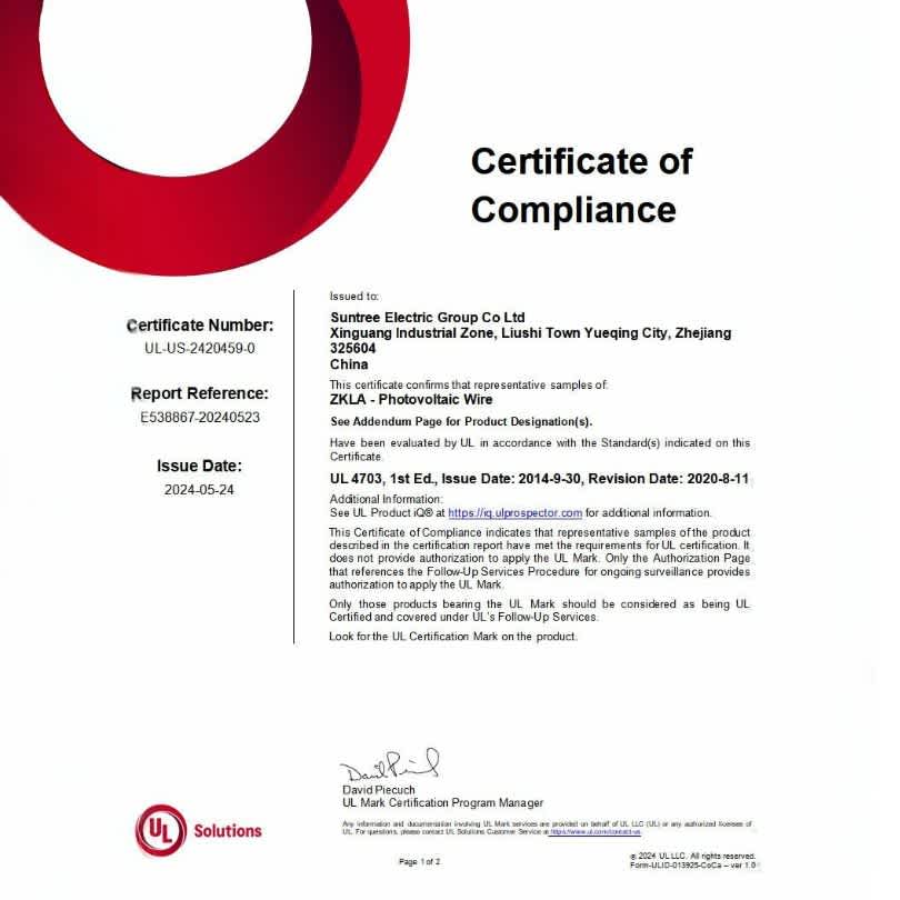 Suntree's PV Cables Achieve UL Certification: Quality and Safety