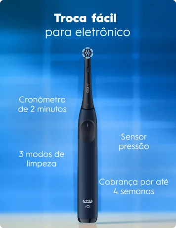 Recursos da escova de dentes elétrica iO Series 3: cabeça de escova Gentle Care, Sensor de Pressão da Gengiva, Bateria de Longa Duração, Timer de 2 Minutos