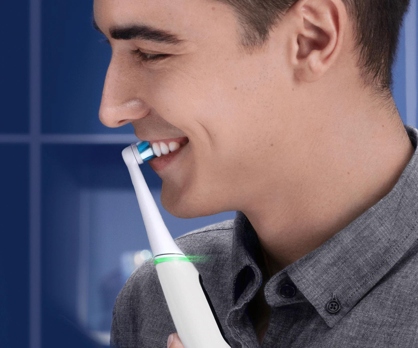 Man brushing his teeth with Oral-B's iO Series 7 electric white toothbrush