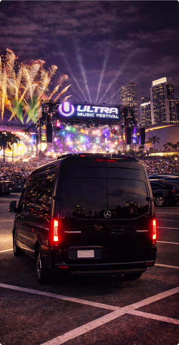 ## Sprinter Van Service to Ultra Music Festival 2026 - Travel Together in Comfort 

 Bookinglane's Sprinter Van Service for Ultra Music Festival 2026 in Miami is ideal for groups who want to arrive together. We offer three distinct configurations to match your needs, each accommodating up to 12 passengers, with select configurations accommodating up to 14: Executive-Style, Shuttle-Style, and Limo-Style. These vans provide ample space, making them perfect for festival crews, corporate groups, and friends looking for a spacious and comfortable ride. 

 With climate control, tinted windows, high ceilings, and comfortable seating, your group can relax and enjoy the journey to the festival. Professional chauffeurs manage all logistics, including navigating road closures around Downtown Miami, coordinating festival drop-off access, and utilizing real-time traffic routing. Your vehicle will be delivered as close to the entrance as permitted. 

 For events like Ultra Music Festival, our Sprinter Van service is booked on an hourly basis rather than as round trips. This ensures maximum flexibility for your group, accommodating multiple pickups, schedule changes, and coordinated arrivals and departures. Traffic patterns and exit times change quickly around Bayfront Park, so having your chauffeur on standby guarantees a seamless experience. 

 We provide curbside pickups from all major regional airports, including Miami International Airport (MIA) and Fort Lauderdale-Hollywood International Airport (FLL). Whether you need custom itineraries that include hotel transfers to South Beach, private villa pickups, or dining stops along the way, your chauffeur handles every detail. 

 Choosing a Sprinter Van keeps your group together and reduces per-person transportation costs while elevating the overall experience. Early reservations are strongly recommended due to high demand during the festival weekend.