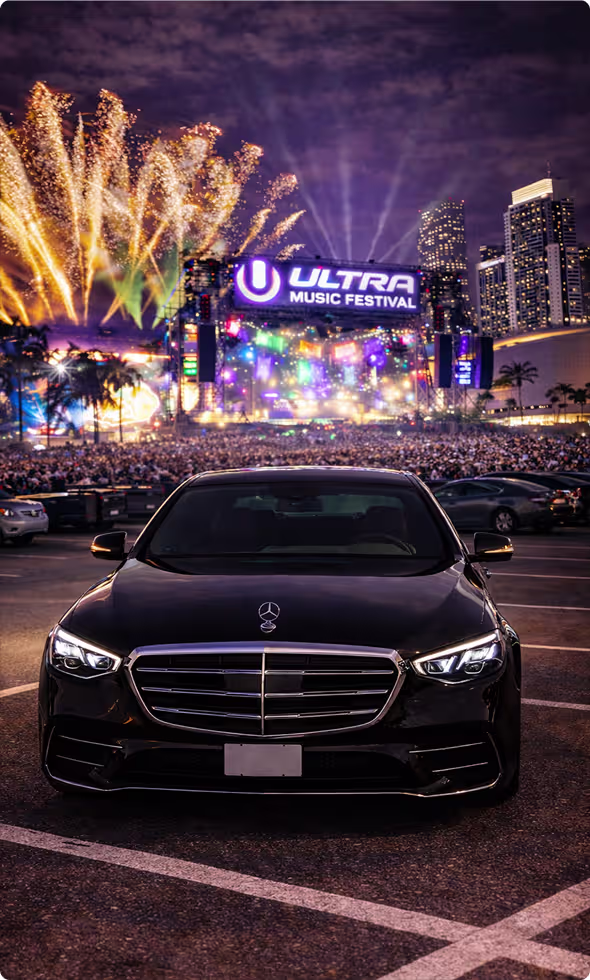 ## Black Car & SUV Service to Ultra Music Festival 2026 - Private, Refined, Punctual 

 Bookinglane's Black Car & SUV Service is designed for couples and small groups who value privacy, punctuality, and a refined travel experience. We offer three classes of premium vehicles: Premium Sedan, First Class Vehicle, and Premium SUV. 

 Premium Sedans accommodate up to 2 passengers, featuring models like the Cadillac CT6 and Mercedes-Benz E-Class. First Class Vehicles provide an elevated experience for 2–6 passengers in a Mercedes-Benz S-Class or Cadillac Escalade. Premium SUVs accommodate up to 6 passengers, with spacious options like the Chevrolet Suburban, GMC Yukon, and Lincoln Navigator. All vehicles feature leather seating, climate control, tinted windows, and a quiet cabin. 

 Our hourly service model for events provides the ultimate flexibility for traffic delays and sudden schedule changes. This level of adaptability is essential during the Ultra music festival weekend when heavy traffic and road closures are common around downtown Miami. 

 We offer pickups from key cities across South Florida and airport transfers from Miami International Airport (MIA) and Fort Lauderdale-Hollywood International Airport (FLL). Our chauffeurs are highly experienced with event traffic flow, ensuring your journey is as smooth as possible. 

 With licensed chauffeurs, luxury vehicles, and fully flexible hourly service, our black car offering is the most reliable, discreet, and elegant way to travel to Ultra Music Festival 2026. Early reservations are strongly recommended to secure your preferred vehicle.