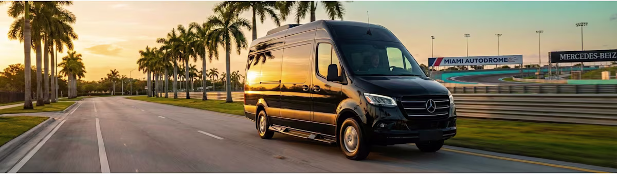 ## Sprinter Van Service for the Formula 1 Miami Grand Prix 2026
The Formula 1 Miami Grand Prix is one of the most electrifying events on the global sporting calendar, drawing racing fans, corporate sponsors, and VIP guests from around the world to the Miami International Autodrome. Arriving at an event of this magnitude deserves a level of transportation that matches its prestige, and Bookinglane's premium Sprinter Van service delivers exactly that — offering a sophisticated, spacious, and chauffeur-driven experience for groups who refuse to compromise on comfort or style.
Our Sprinter Van service includes three distinct configurations, each designed to meet a different set of needs while maintaining Bookinglane's uncompromising standards of luxury and professionalism. Whether your group prioritizes boardroom-level refinement, efficient shuttle-style transfers, or the unmistakable glamour of a limousine experience on wheels, there is a Sprinter option perfectly suited to your Formula 1 weekend.
The **Executive-Style Sprinter Van** accommodates up to 12 passengers, with select options up to 14 passengers, and is outfitted with premium leather seating, climate control, and a refined interior atmosphere ideal for corporate delegations, sponsor groups, and VIP clients who expect nothing short of excellence during race weekend.
The **Shuttle-Style Sprinter Van**, also accommodating up to 12 passengers with select options up to 14 passengers, is the smart choice for larger groups needing reliable, comfortable, and efficient transfers between hotels, hospitality venues, and the autodrome across multiple sessions throughout the weekend.
For those who want to make a true statement on arrival, the **Limo-Style Sprinter Van** accommodates up to 12 passengers, with select options up to 14 passengers, and combines the commanding presence of a stretched limousine interior with the versatility of a Sprinter platform — think ambient lighting, premium finishes, and an atmosphere that sets the tone for an unforgettable Formula 1 experience.
All Bookinglane Sprinter Van bookings include a professional, licensed chauffeur who is knowledgeable about the Miami area, race weekend traffic patterns, and the best approaches to the Miami International Autodrome — ensuring your group arrives on time, every time, without the stress of navigating race weekend congestion.