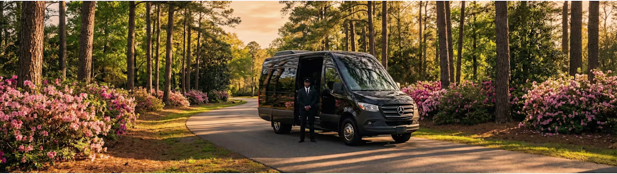## Sprinter Van Service for The Masters 2026 in Augusta – Travel Together in Comfort
Bookinglane's Sprinter Van Service for The Masters 2026 in Augusta is ideal for groups who want to arrive together without the hassle of coordinating multiple vehicles through tournament-week traffic. Our Sprinter Van service includes three distinct configurations: the Executive-Style Sprinter Van, the Shuttle-Style Sprinter Van, and the Limo-Style Sprinter Van — each accommodating up to 12 passengers, with select configurations up to 14. Whether you are traveling with a corporate group, a party of friends, or family, our Sprinter Vans keep everyone on the same schedule and in the same vehicle.
Every Sprinter Van features climate control, tinted windows, high ceilings, and comfortable seating. Your professional chauffeur manages all logistics — including road closures, real-time traffic routing, and tournament drop-off access — delivering your group as close to the entrance as permitted. No crowded shuttles, no rideshare surge pricing, no confusion.
For Masters week, Sprinter Vans are booked on an hourly basis rather than as round trips, giving your group maximum flexibility. Plans during tournament week shift quickly — exit times change, hospitality events run long, and dinner reservations move. Hourly booking allows for multiple pickups, schedule changes, and coordinated arrivals and departures without the need to re-book a new ride every time your plans adjust.
We coordinate Sprinter Van pickups from Augusta Regional Airport (AGS), Hartsfield-Jackson Atlanta International Airport (ATL), and Columbia Metropolitan Airport (CAE), with curbside service and professional meet-and-greet upon arrival. Custom itineraries — including hotel transfers, private residence pickups, and dining stops throughout Augusta, North Augusta, and Aiken — are all available and fully flexible.
Booking a Sprinter Van keeps your group together, reduces per-person costs compared to multiple black car bookings, and provides a premium travel experience with professional chauffeur service and flexible scheduling. Early reservations are strongly recommended — Sprinter Vans are among the first vehicles to sell out during Masters week due to consistently high demand.