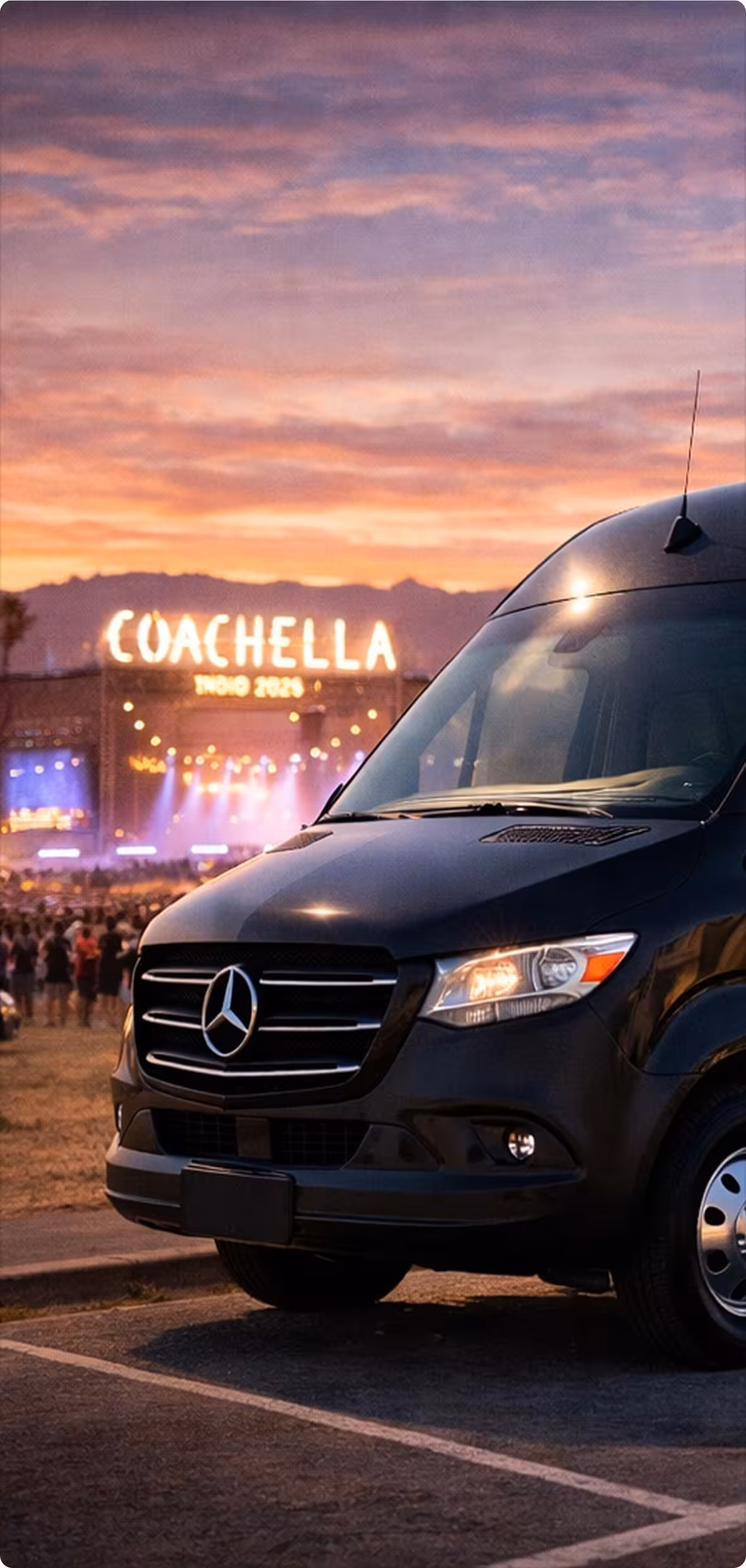 ## Sprinter Van Service for Coachella 2026 in Indio - Travel Together in Comfort 

 Bookinglane’s Sprinter Van Service for Coachella 2026 in Indio is ideal for groups who want to arrive together without compromising comfort or style. Our luxury Sprinter Vans accommodate up to twelve passengers, making them perfect for friends, corporate groups, or festival crews staying together. Spacious interiors, high ceilings, and comfortable seating allow everyone to relax while traveling through the desert. 

 Each Sprinter Van is equipped with climate control to keep you cool in the Coachella heat, tinted windows for privacy, and a smooth, quiet ride. Professional chauffeurs manage all logistics, including navigating road closures, coordinating approved festival drop-off access, and adjusting routes in real time based on traffic conditions. Your group is delivered as close to the festival entrance as permitted, avoiding general parking areas and long walks. 

 For Coachella and other high-demand events, Sprinter Van service is offered on an hourly basis rather than traditional round trips. Hourly service provides maximum flexibility, allowing for multiple pickups, schedule changes, and coordinated arrivals and departures throughout the day. This approach is especially important during festival weekends when traffic patterns and exit times can change quickly. 

 Sprinter Vans are also a popular choice for airport transfers. We provide curbside pickups from Palm Springs International Airport, Los Angeles International Airport, Ontario International Airport, and other regional airports, transporting your group directly to Indio or surrounding Coachella Valley destinations. Hourly service can also accommodate custom itineraries, including hotel transfers, private villa pickups, and dining stops before or after the festival. 

 Traveling by Sprinter Van keeps your entire group together, reduces per-person costs, and eliminates the need to coordinate multiple vehicles. With professional chauffeur service, flexible scheduling, and a premium travel experience, Bookinglane’s Sprinter Van Service is one of the most reliable and comfortable transportation options for Coachella 2026.