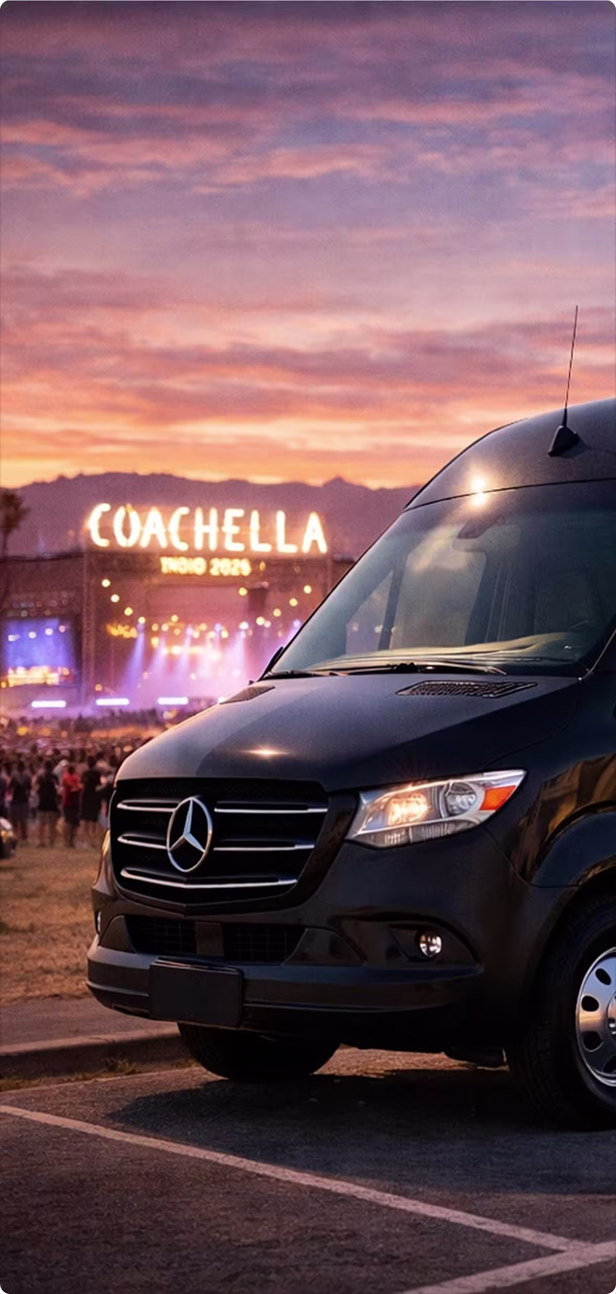 ## Sprinter Van Service for Coachella 2026 in Indio - Travel Together in Comfort
Bookinglane’s Sprinter Van Service for Coachella 2026 in Indio is ideal for groups who want to arrive together without compromising comfort or style. Our luxury Sprinter Vans accommodate up to twelve passengers, making them perfect for friends, corporate groups, or festival crews staying together. Spacious interiors, high ceilings, and comfortable seating allow everyone to relax while traveling through the desert.
Each Sprinter Van is equipped with climate control to keep you cool in the Coachella heat, tinted windows for privacy, and a smooth, quiet ride. Professional chauffeurs manage all logistics, including navigating road closures, coordinating approved festival drop-off access, and adjusting routes in real time based on traffic conditions. Your group is delivered as close to the festival entrance as permitted, avoiding general parking areas and long walks.
For Coachella and other high-demand events, Sprinter Van service is offered on an hourly basis rather than traditional round trips. Hourly service provides maximum flexibility, allowing for multiple pickups, schedule changes, and coordinated arrivals and departures throughout the day. This approach is especially important during festival weekends when traffic patterns and exit times can change quickly.
Sprinter Vans are also a popular choice for airport transfers. We provide curbside pickups from Palm Springs International Airport, Los Angeles International Airport, Ontario International Airport, and other regional airports, transporting your group directly to Indio or surrounding Coachella Valley destinations. Hourly service can also accommodate custom itineraries, including hotel transfers, private villa pickups, and dining stops before or after the festival.
Traveling by Sprinter Van keeps your entire group together, reduces per-person costs, and eliminates the need to coordinate multiple vehicles. With professional chauffeur service, flexible scheduling, and a premium travel experience, Bookinglane’s Sprinter Van Service is one of the most reliable and comfortable transportation options for Coachella 2026.