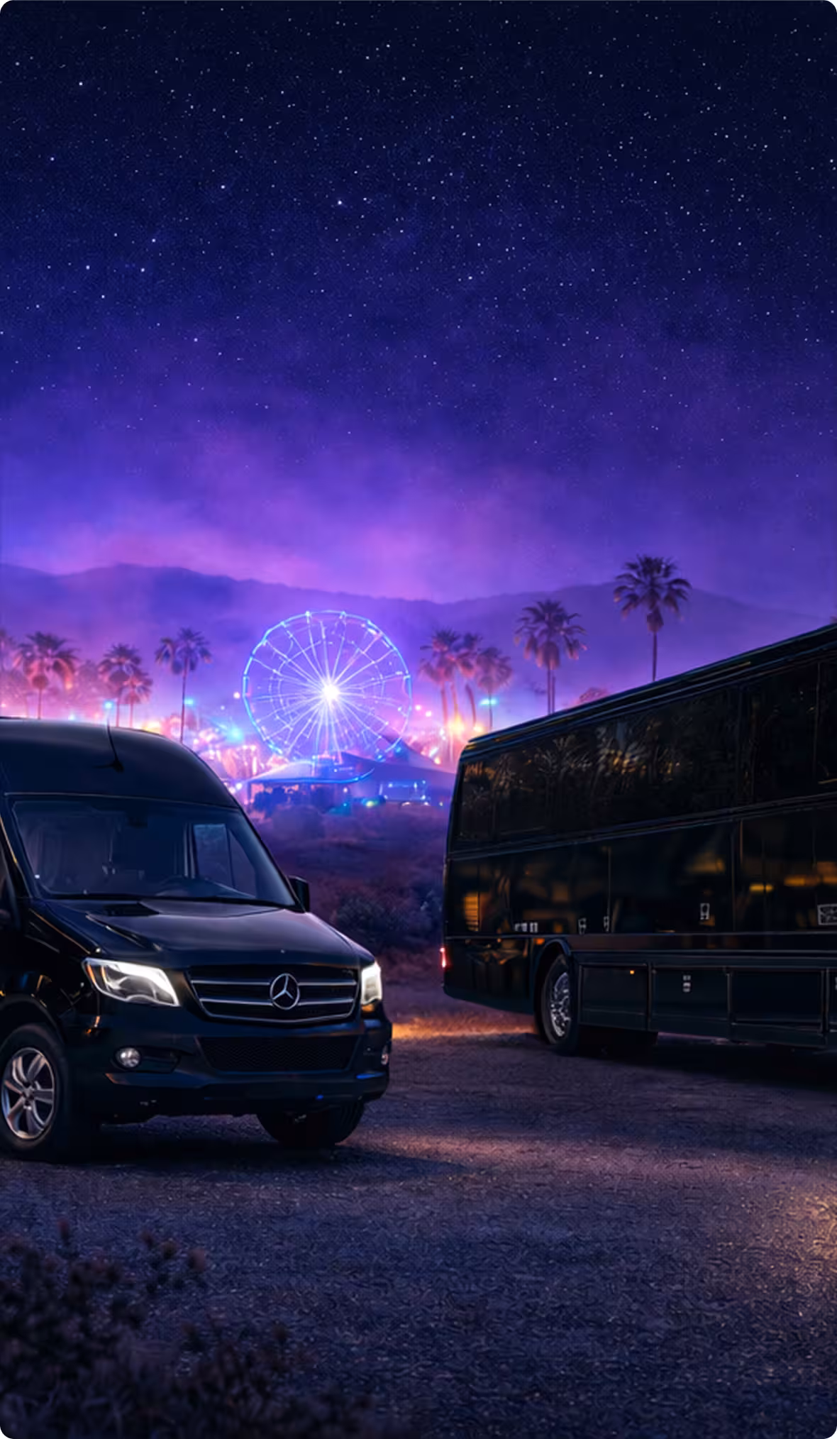 ## Limousine Service to Coachella 2026 - Celebrate in Comfort 

 Arrive at Coachella 2026 in Indio with a premium limousine-style experience designed for groups who want comfort, privacy, and a memorable ride to the festival. Bookinglane’s Limousine Service includes limo-style Sprinter Vans for up to 12 passengers, with select configurations accommodating up to 14 passengers, as well as limo-style buses for larger groups of up to 50 passengers. For corporate outings and large private groups, executive charter buses accommodate up to 56 passengers. 

 Every limousine booking includes a professional chauffeur who manages timing, routing, traffic flow, and festival access. Coachella transportation is provided on an hourly basis to allow flexibility during high-demand festival days, including multiple pickups, schedule adjustments, and smoother exits after the event. 

 Inside the vehicle, guests enjoy comfortable seating, mood or LED lighting, premium sound systems, tinted windows, and spacious interiors designed for group travel. The experience feels festive and relaxed from pickup through arrival at the festival. 

 Limousine service is available for airport pickups from Los Angeles International Airport, Palm Springs International Airport, and Ontario International Airport, as well as transfers from luxury resorts and private residences in Palm Desert, Rancho Mirage, La Quinta, and surrounding Coachella Valley locations. Spacious cabins make it easy to travel with festival outfits and gear without sacrificing comfort. 

 For groups seeking a limo-style experience with real space, flexibility, and professional coordination, Bookinglane’s Limousine Service for Coachella 2026 offers a smooth, stylish, and reliable way to arrive together.