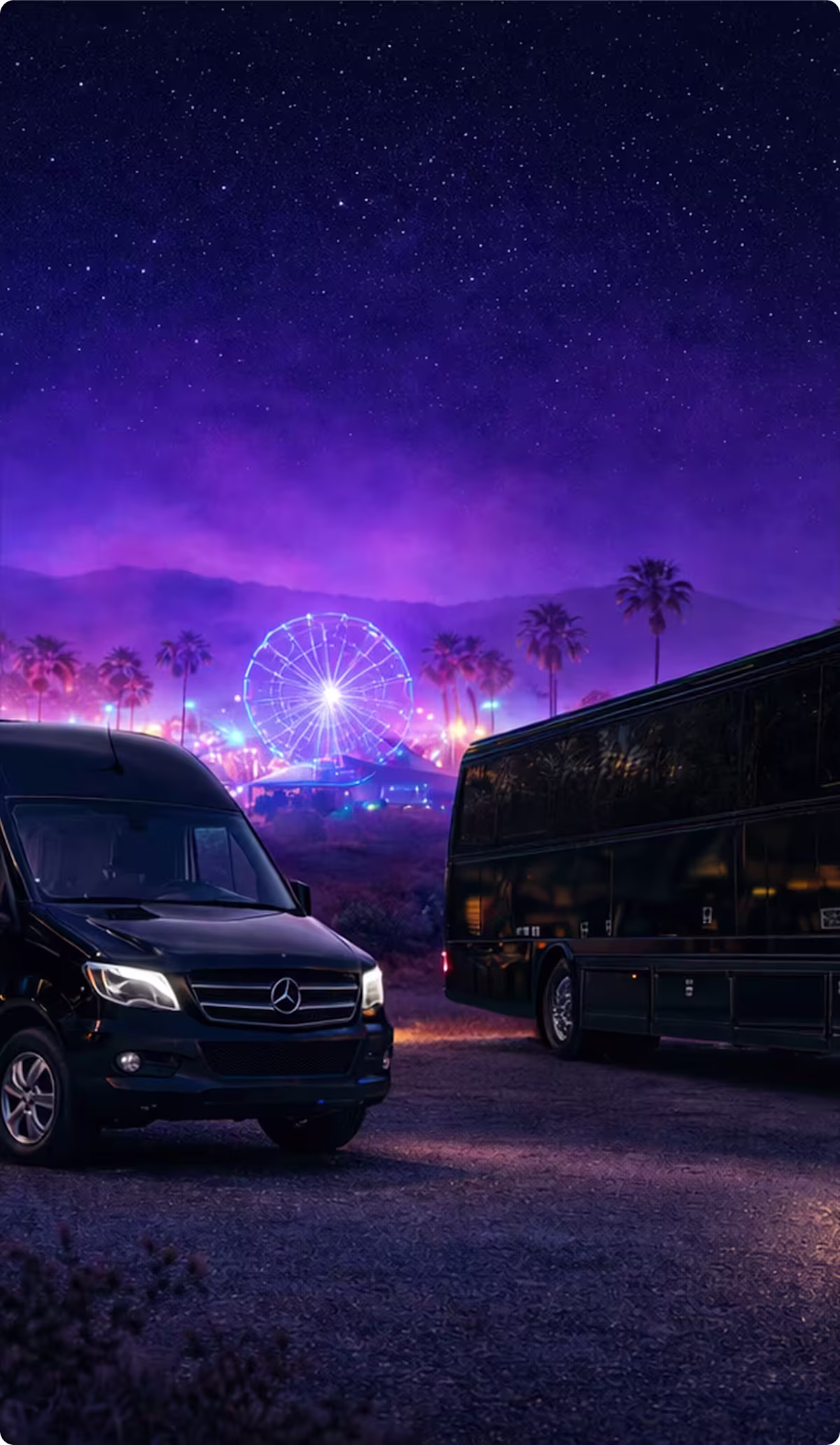 ## Limousine Service to Coachella 2026 - Celebrate in Comfort
Arrive at Coachella 2026 in Indio with a premium limousine-style experience designed for groups who want comfort, privacy, and a memorable ride to the festival. Bookinglane’s Limousine Service includes limo-style Sprinter Vans for up to 12 passengers, with select configurations accommodating up to 14 passengers, as well as limo-style buses for larger groups of up to 50 passengers. For corporate outings and large private groups, executive charter buses accommodate up to 56 passengers.
Every limousine booking includes a professional chauffeur who manages timing, routing, traffic flow, and festival access. Coachella transportation is provided on an hourly basis to allow flexibility during high-demand festival days, including multiple pickups, schedule adjustments, and smoother exits after the event.
Inside the vehicle, guests enjoy comfortable seating, mood or LED lighting, premium sound systems, tinted windows, and spacious interiors designed for group travel. The experience feels festive and relaxed from pickup through arrival at the festival.
Limousine service is available for airport pickups from Los Angeles International Airport, Palm Springs International Airport, and Ontario International Airport, as well as transfers from luxury resorts and private residences in Palm Desert, Rancho Mirage, La Quinta, and surrounding Coachella Valley locations. Spacious cabins make it easy to travel with festival outfits and gear without sacrificing comfort.
For groups seeking a limo-style experience with real space, flexibility, and professional coordination, Bookinglane’s Limousine Service for Coachella 2026 offers a smooth, stylish, and reliable way to arrive together.