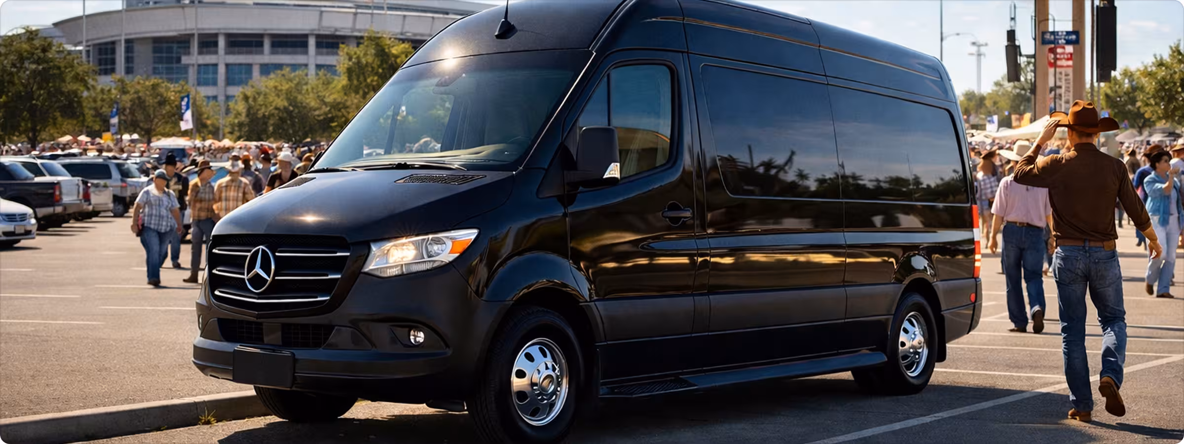 ## Sprinter Van Service for Houston Livestock Show & Rodeo 2026 – Travel Together in Comfort 

 Bookinglane’s Sprinter Van Service is a popular choice for families, corporate groups, and friends attending the Houston Livestock Show & Rodeo at NRG Park. Our Sprinter Vans accommodate up to 12 passengers, with select configurations accommodating up to 14 passengers, and are available in different interior styles to match your group’s needs and travel style. 

 Executive-style Sprinter Vans are ideal for corporate groups and VIP guests, offering comfortable seating, a quieter cabin, and a more refined interior for a polished ride to and from RodeoHouston. Shuttle-style Sprinter Vans are a practical option for large families and groups of friends who want efficient, spacious transportation between hotels, NRG Stadium, restaurants, and events. Limo-style Sprinter Vans provide an elevated group experience with enhanced lighting and entertainment features for celebrations and special occasions. 

 Sprinter Vans offer ample space for personal items, jackets, small coolers, or rodeo gear, making them well suited for full days at the rodeo. Professional chauffeurs manage navigation, traffic, and parking logistics and are familiar with official drop-off and pickup zones near NRG Park, helping your group avoid shuttle lines and long walks. 

 This service is especially popular for corporate outings, family visits, and concert nights when traffic is heaviest. Vehicles feature climate control, tinted windows, and a smooth ride, with the entire cabin reserved exclusively for your group. Due to high demand during concert weekends and cook-off events, early reservations are strongly recommended.